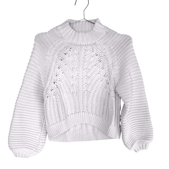 ChicWish Womens Sweater Sz S White Cable Knit Balloon Sleeve Cropped Cozy Casual - Picture 2 of 13